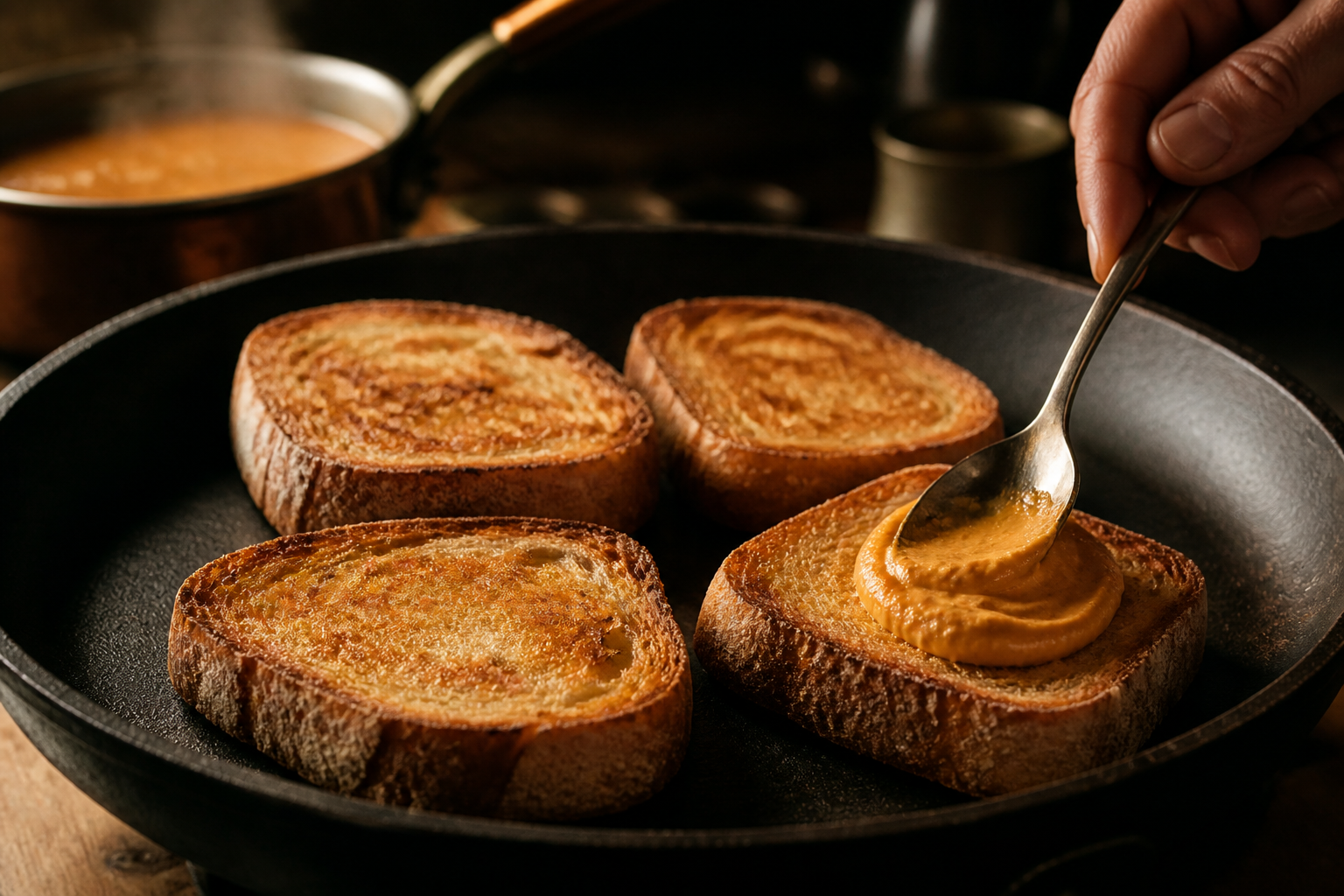 Tostar el pan para preparar La mejor receta de Bouillabaisse al estilo de Francia