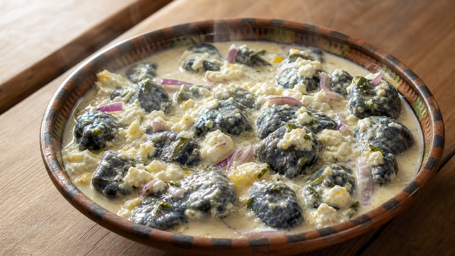 Chuño peruano cremoso servido caliente con queso fresco y huacatay