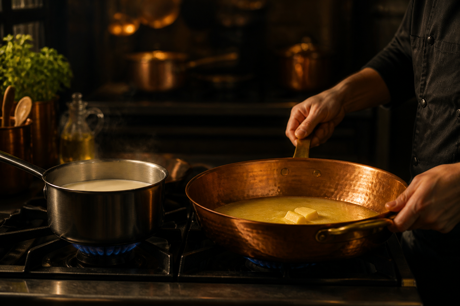 Calentar leche y mantequilla para preparar La mejor receta de Marisa Sánchez al estilo de España