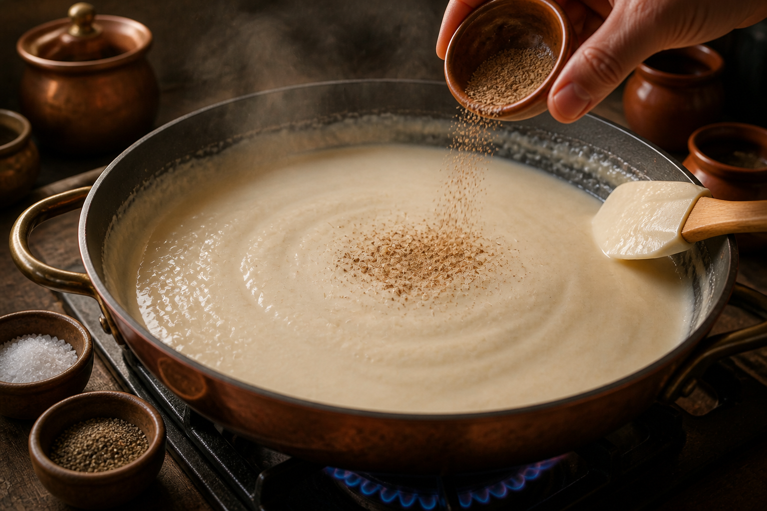 Sazonar la bechamel para preparar La mejor receta de Marisa Sánchez al estilo de España
