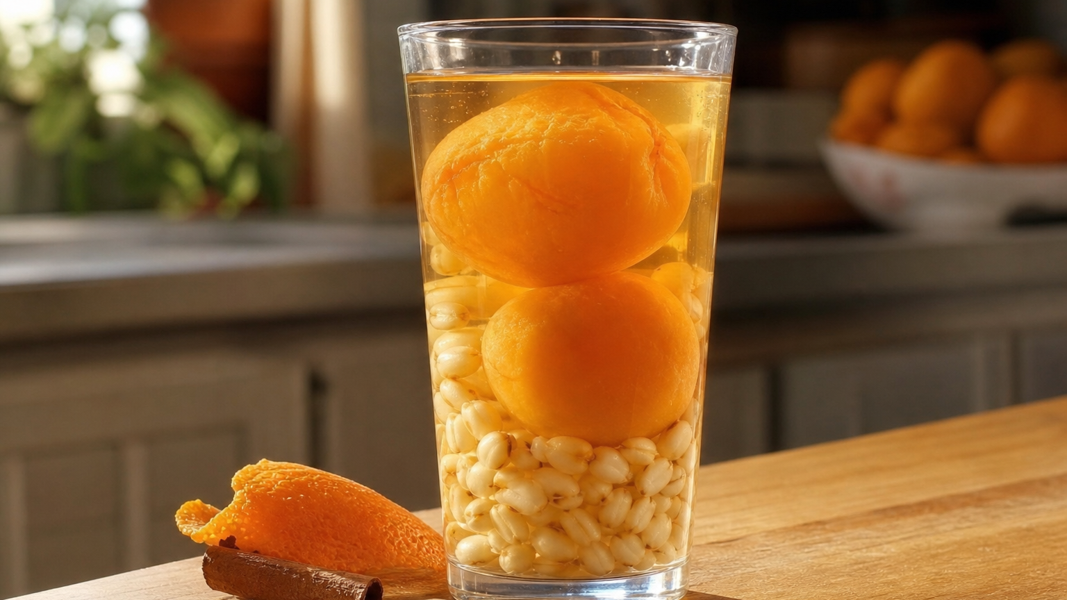 Vasos de mote con huesillos chileno con duraznos deshidratados, trigo cocido y almíbar de canela y naranja