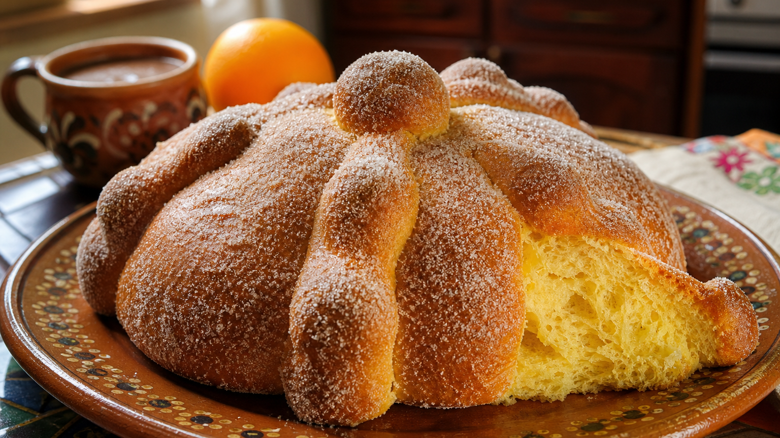 Pan de muerto mexicano casero, dorado y cubierto de azúcar, con decoración tradicional de huesitos y esfera central