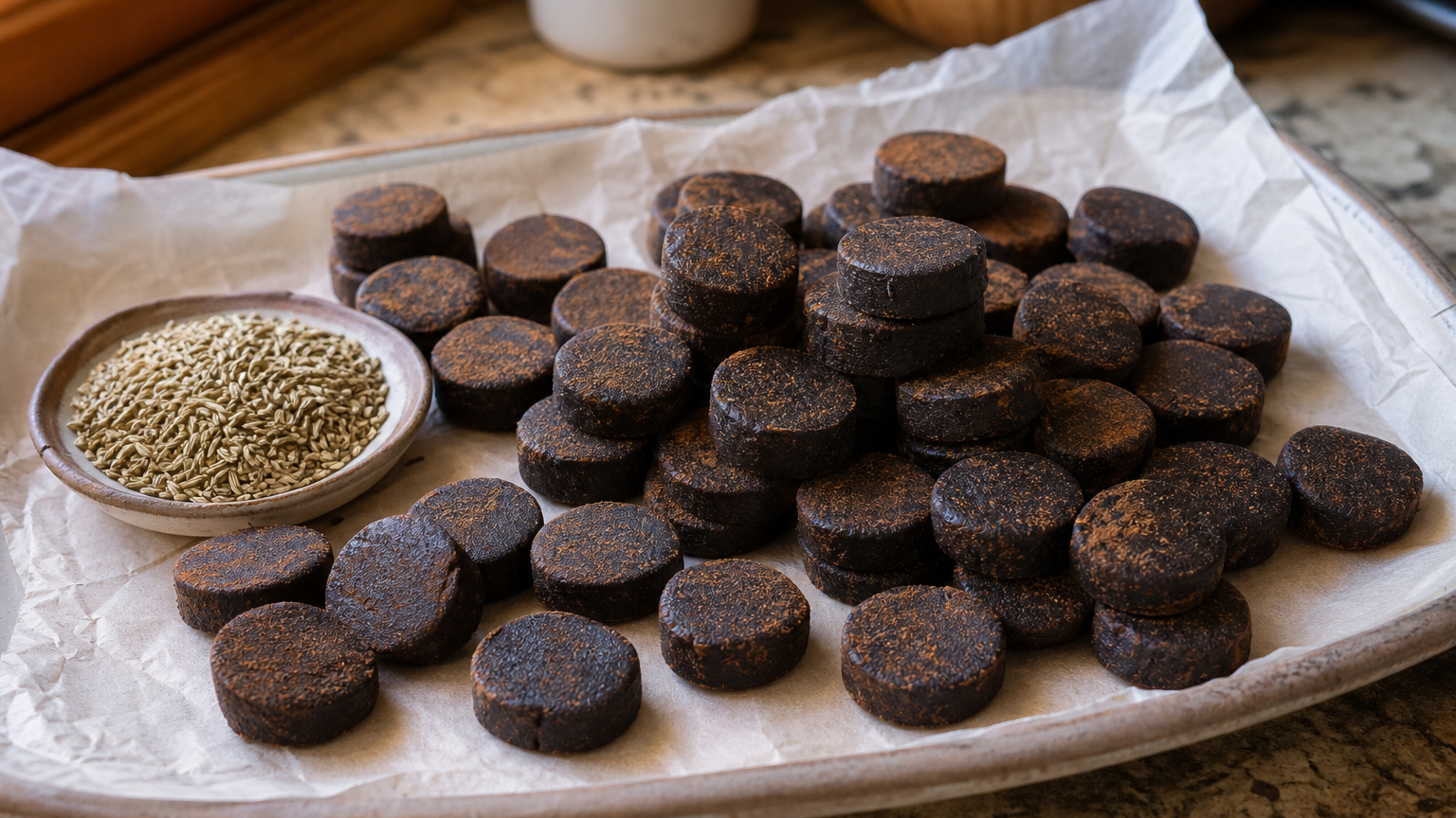 Pastillas caseras oscuras de regaliz con acabado de cacao, servidas en una pequeña lata junto a semillas de anís