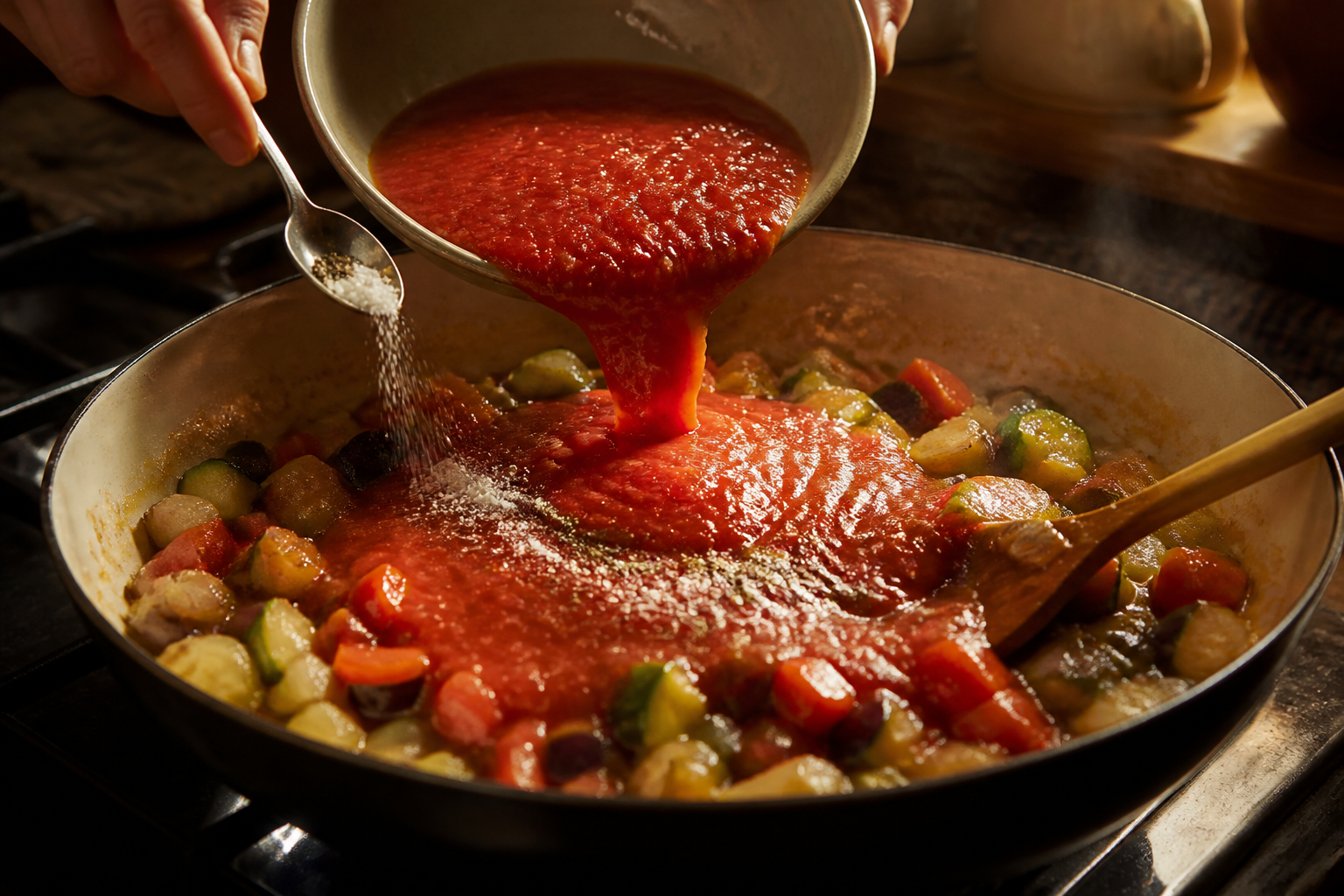 Incorporar el tomate para preparar La mejor receta de Pisto al estilo de España