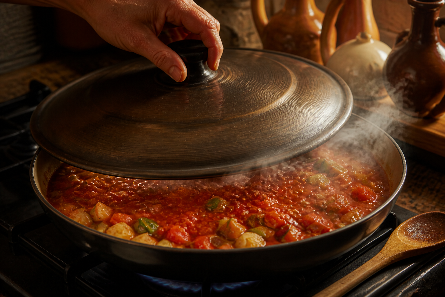 Cocer lentamente para preparar La mejor receta de Pisto al estilo de España