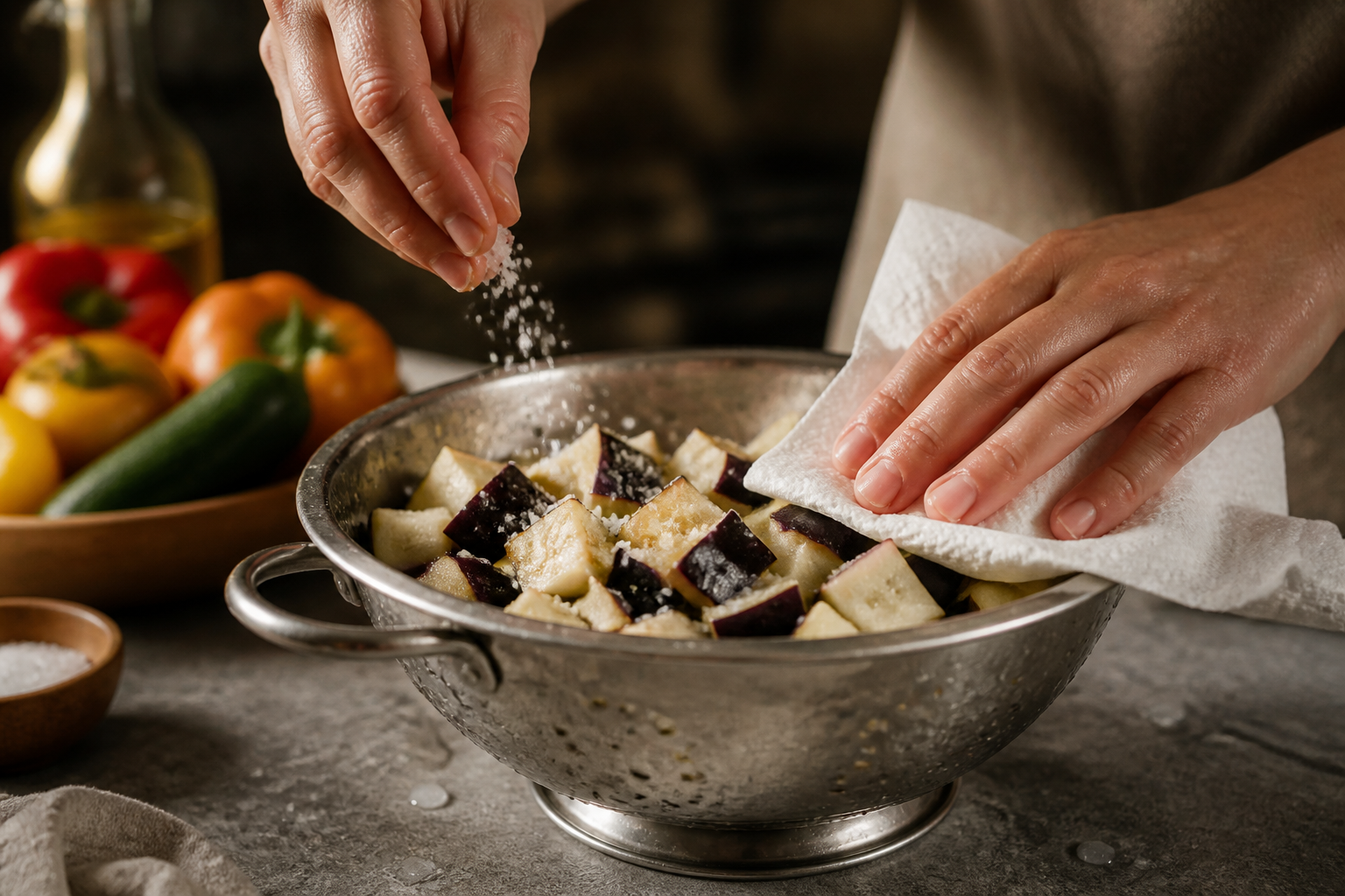 Tratar la berenjena para preparar La mejor receta de Pisto al estilo de España