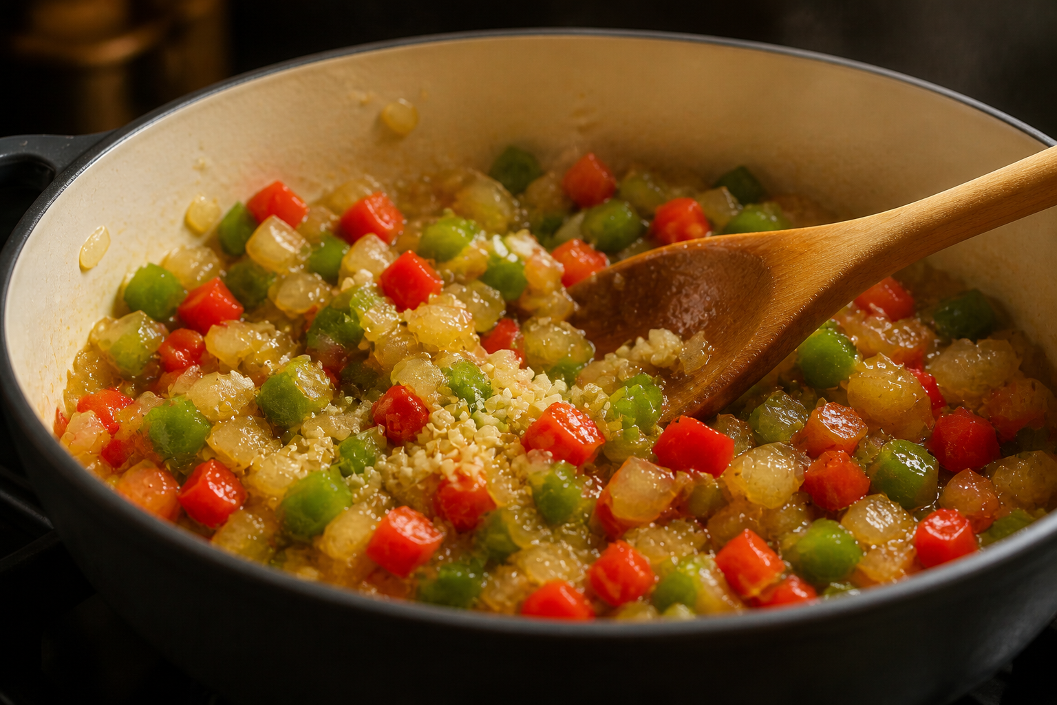 Sofreír ajo y pimientos para preparar La mejor receta de Pisto al estilo de España