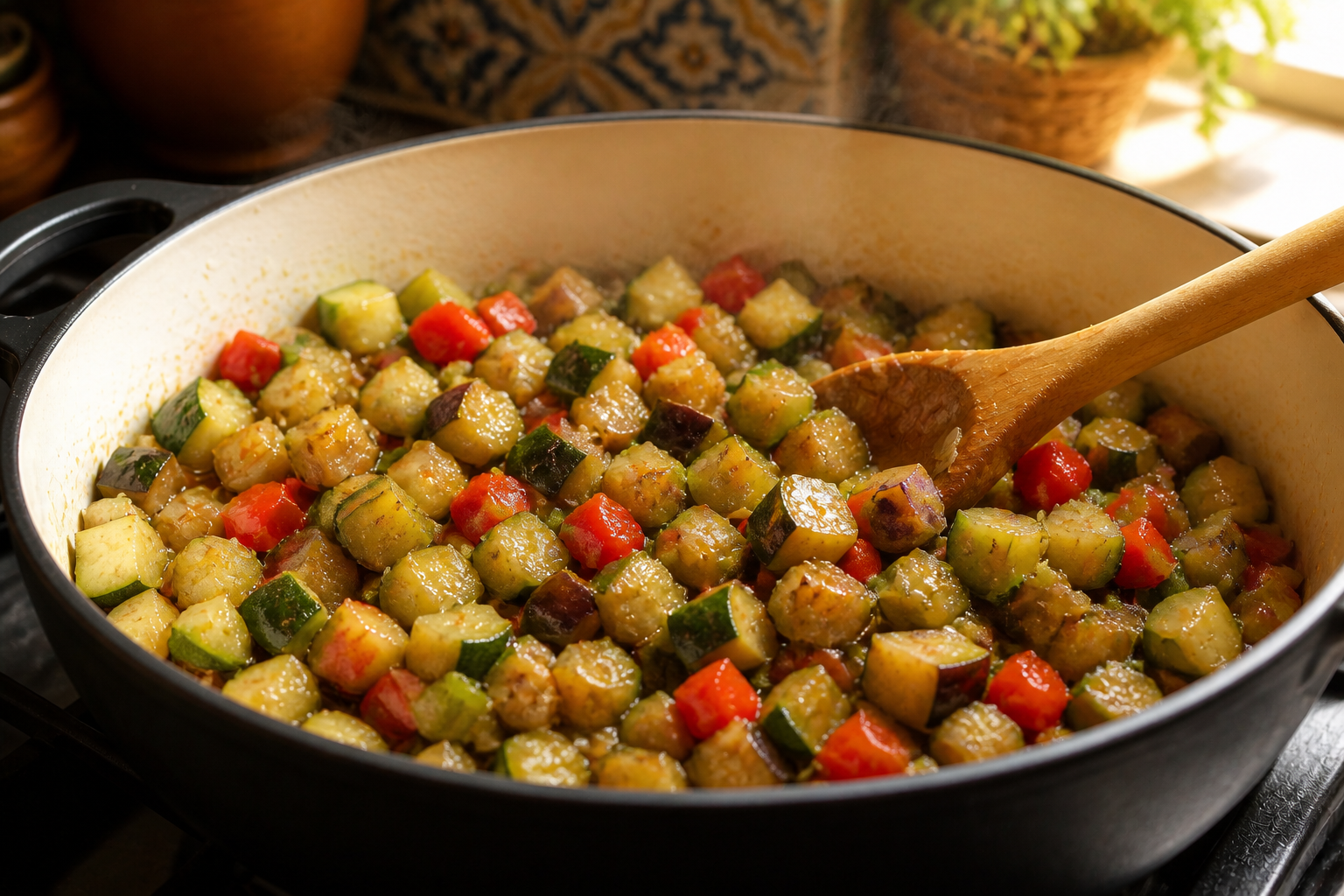 Añadir el calabacín para preparar La mejor receta de Pisto al estilo de España