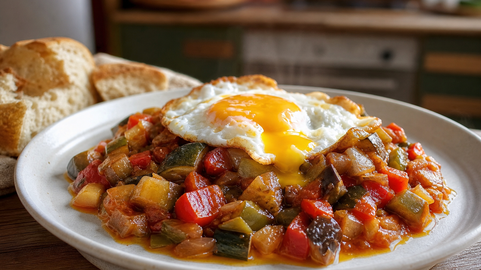Pisto español casero servido con un huevo sobre verduras tiernas y salsa de tomate espesa