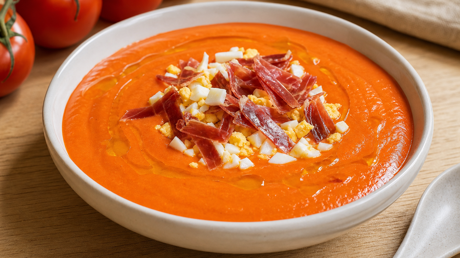 Cuenco de salmorejo cordobés frío con huevo cocido picado, jamón serrano y un hilo de aceite de oliva