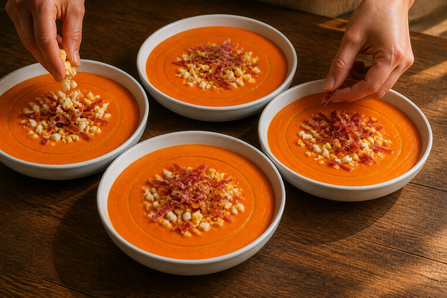 Servir y decorar para preparar La mejor receta de Salmorejo al estilo de España