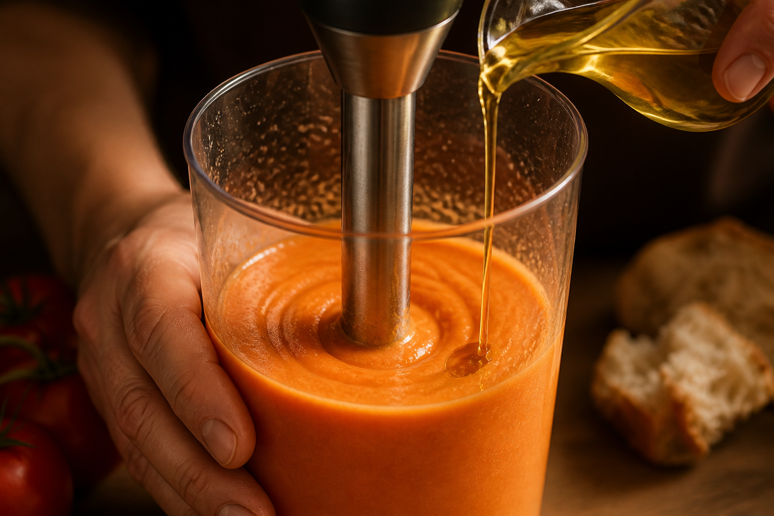 Emulsionar con aceite para preparar La mejor receta de Salmorejo al estilo de España