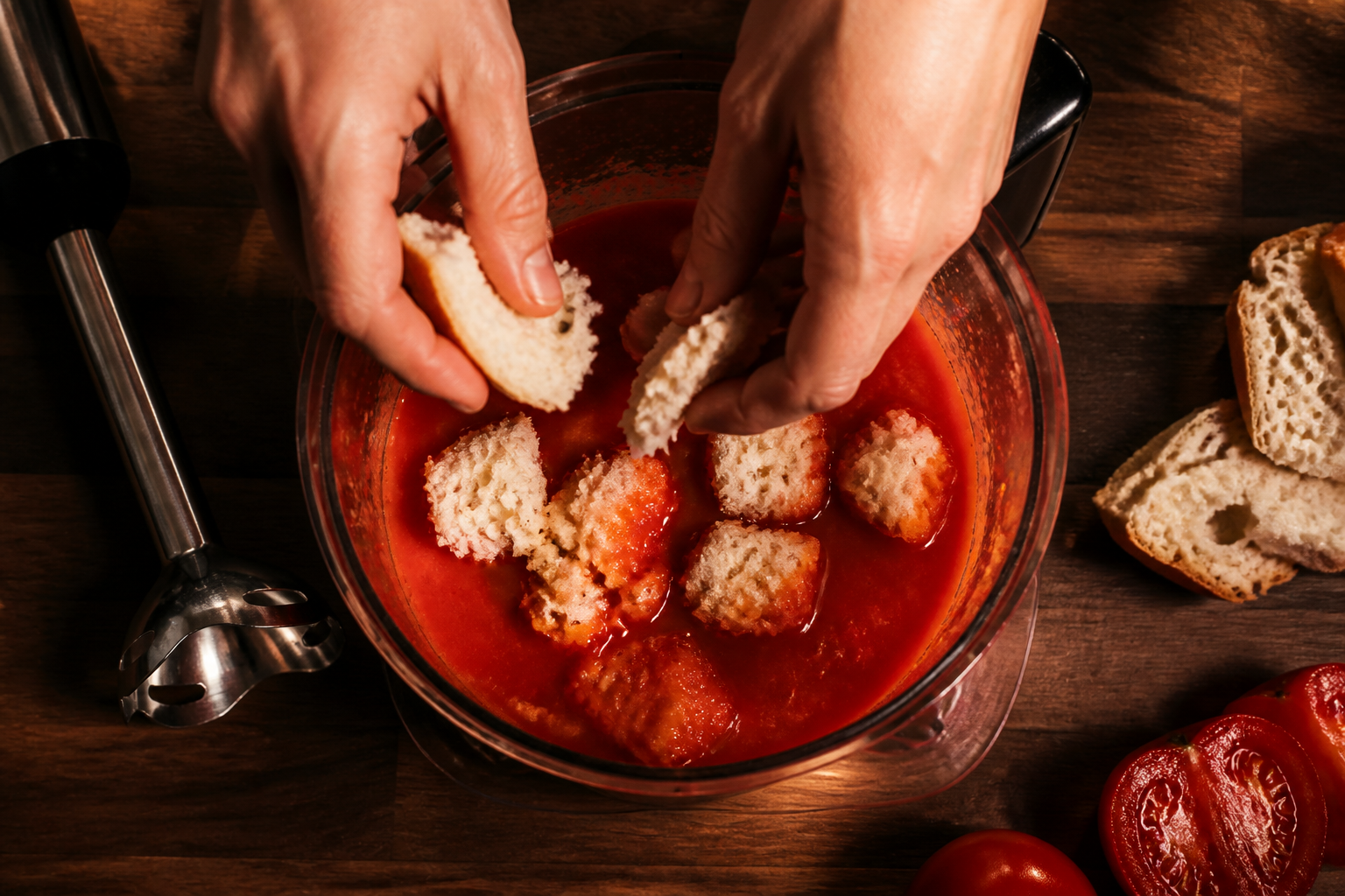 Hidratar el pan para preparar La mejor receta de Salmorejo al estilo de España