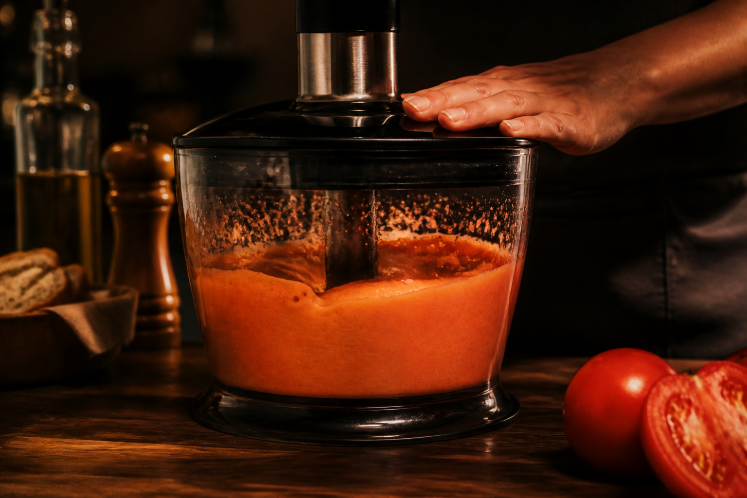 Batir la mezcla para preparar La mejor receta de Salmorejo al estilo de España
