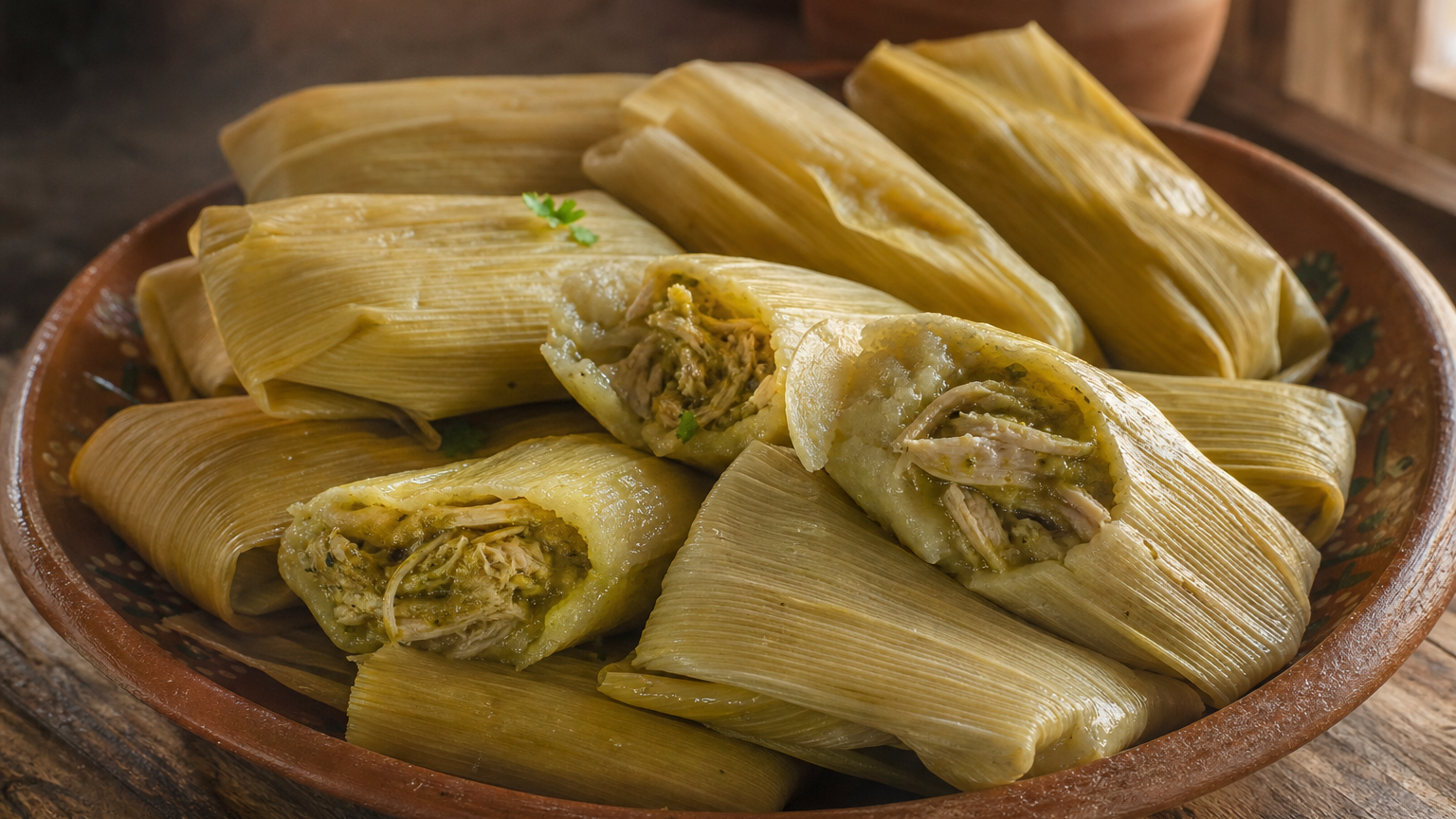 Tamales verdes de pollo mexicanos servidos calientes en hojas de maíz con salsa verde