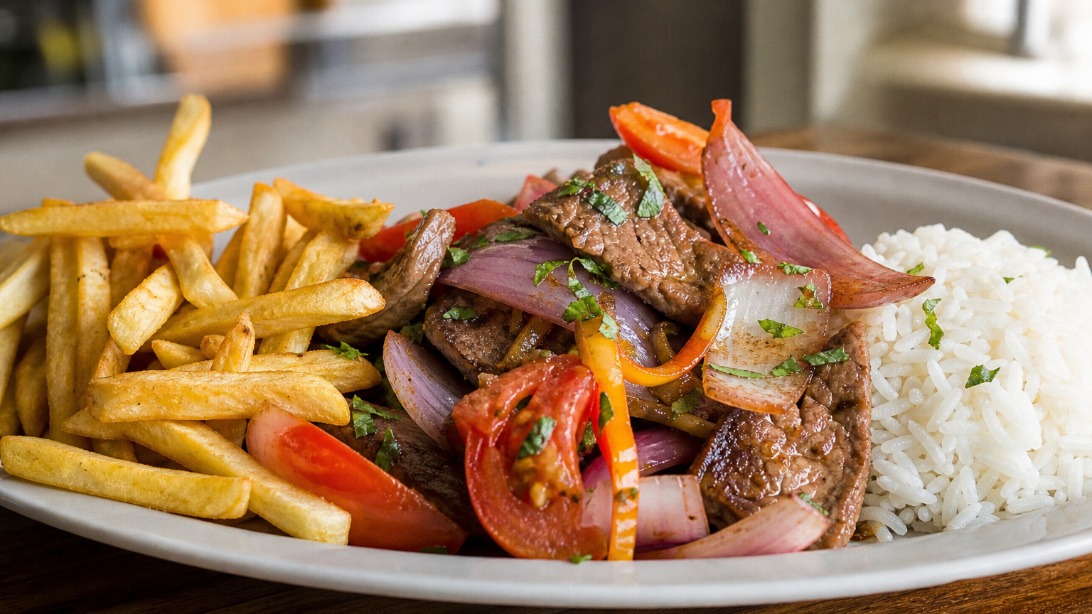 Lomo saltado peruano servido con carne dorada, cebolla, tomate, ají amarillo, papas fritas y arroz blanco