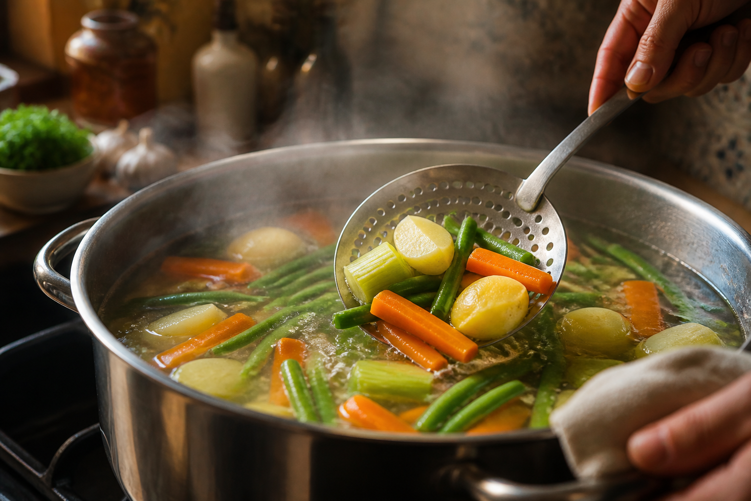 Cocer las verduras para preparar Menestra de verduras en texturas: la auténtica receta de España