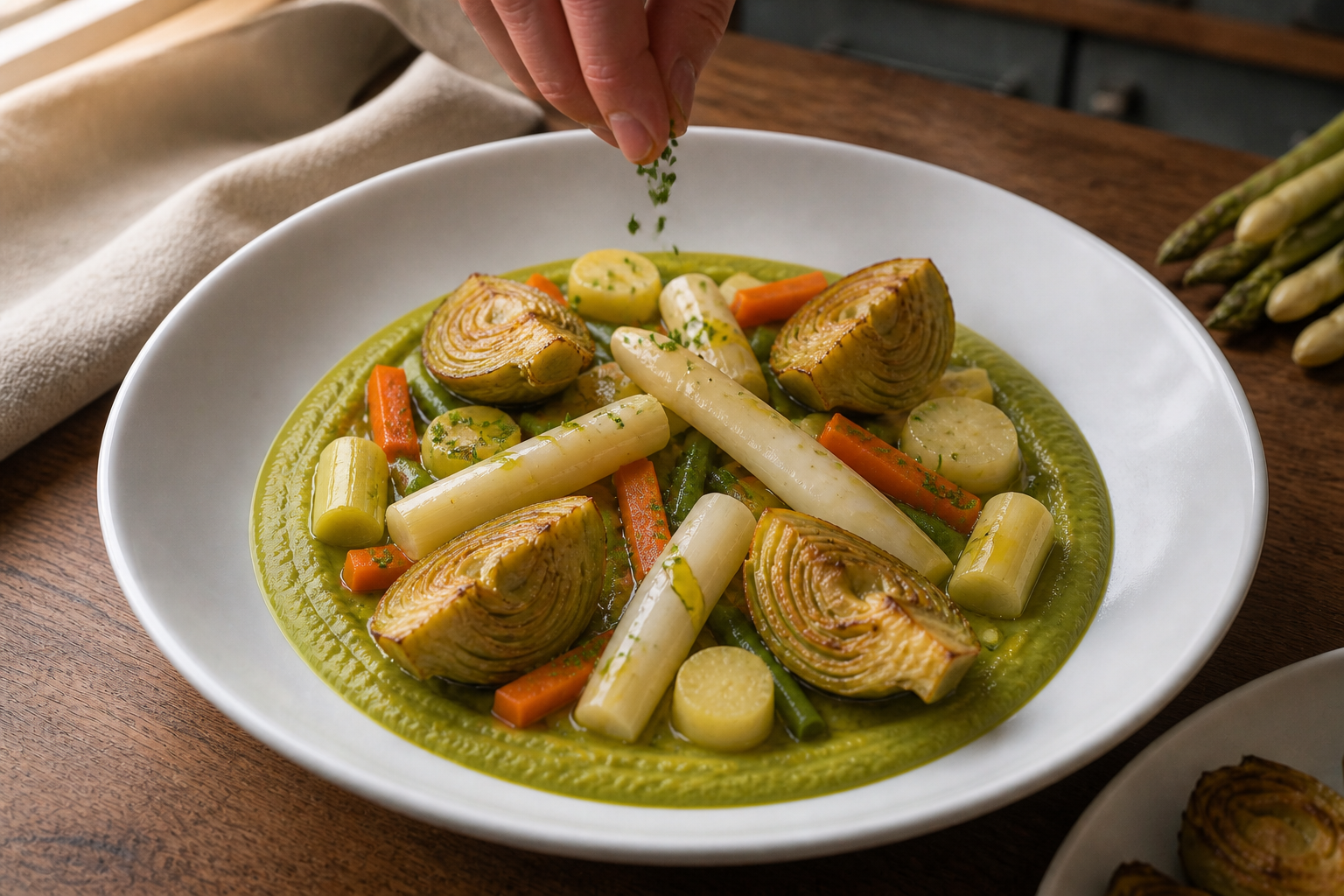 Terminar y servir para preparar Menestra de verduras en texturas: la auténtica receta de España