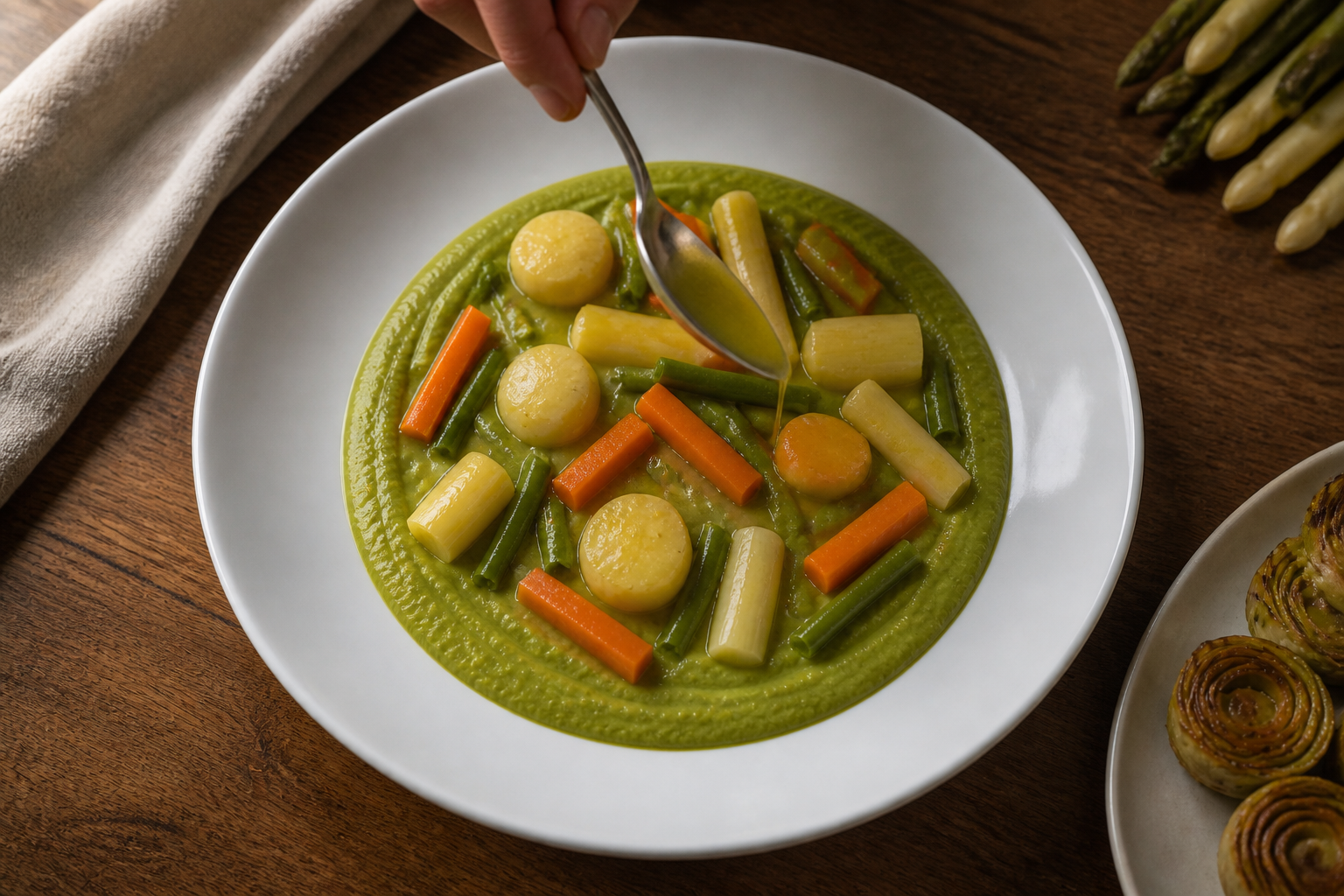 Montar el plato para preparar Menestra de verduras en texturas: la auténtica receta de España