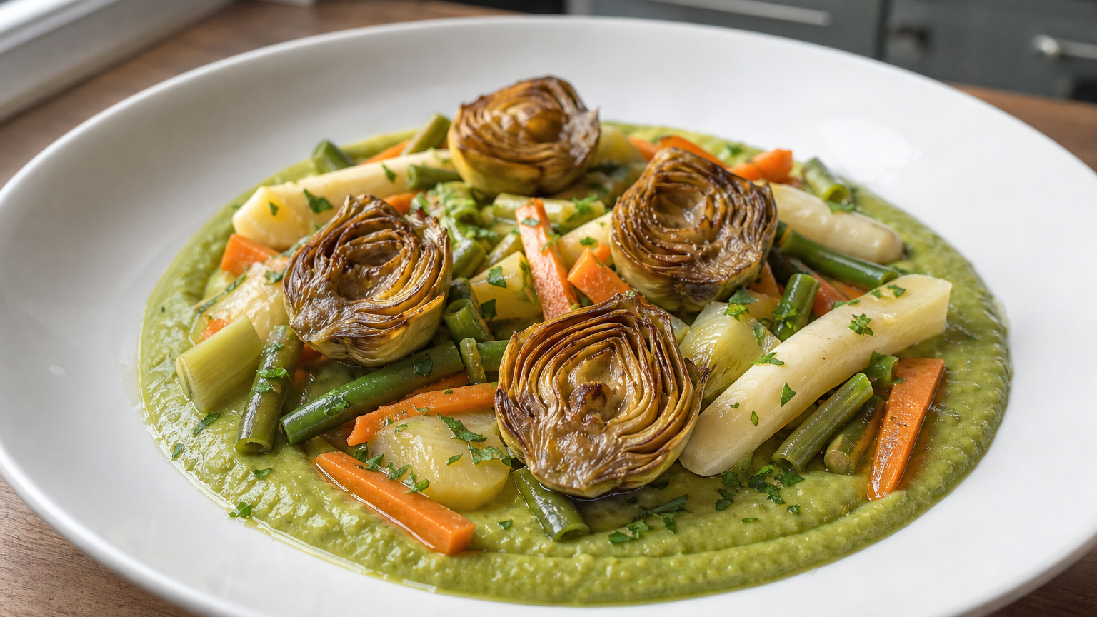Menestra española de verduras en texturas con crema de guisantes, alcachofas doradas, espárragos blancos y verduras tiernas