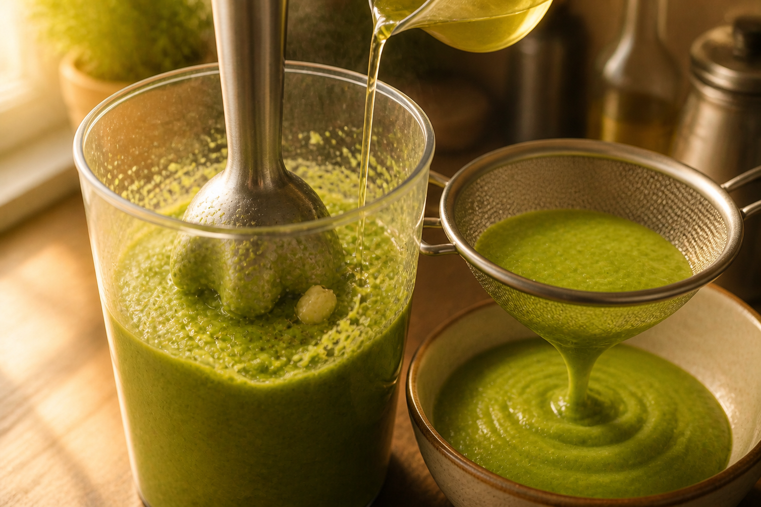 Triturar la crema para preparar Menestra de verduras en texturas: la auténtica receta de España