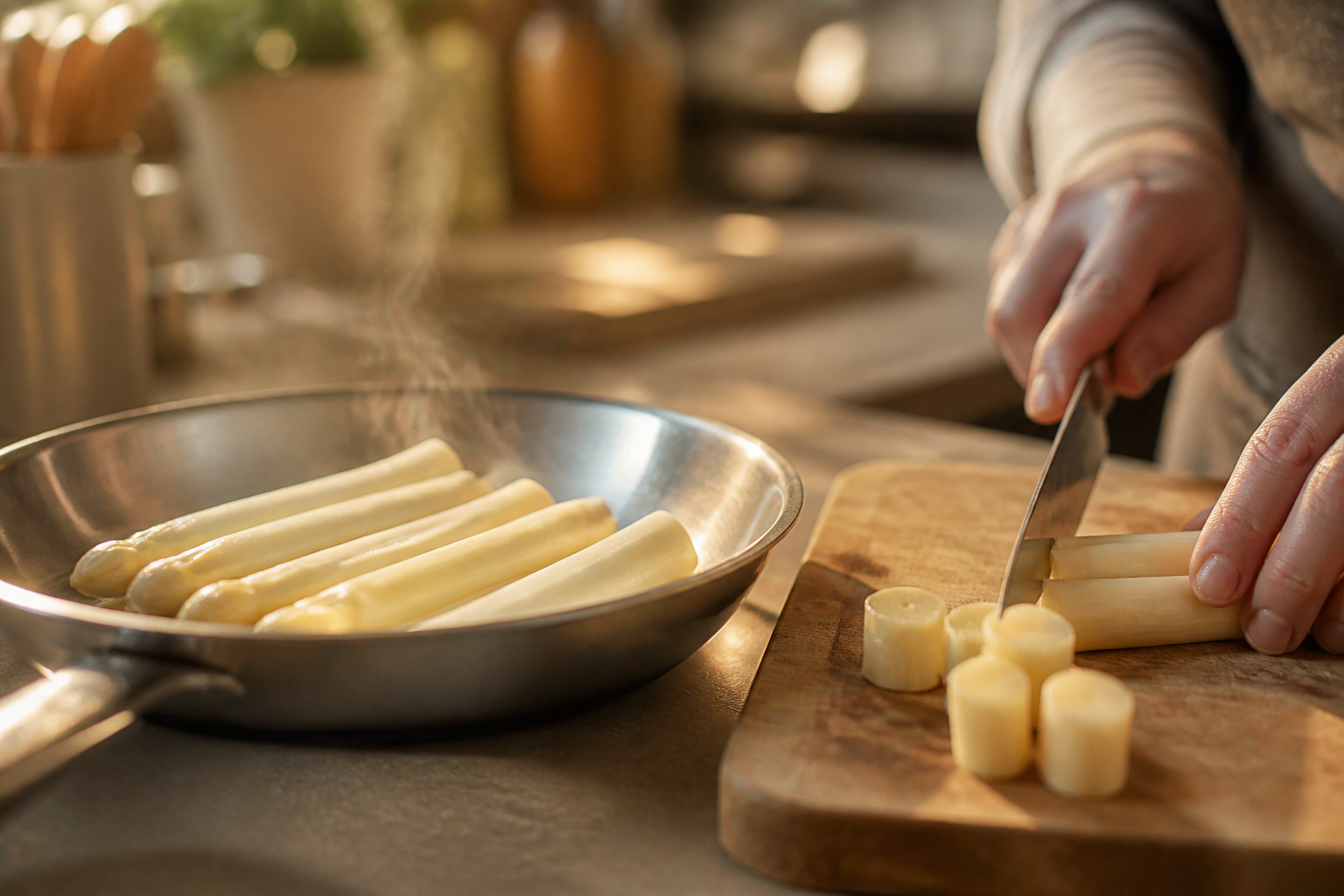 Calentar los espárragos para preparar Menestra de verduras en texturas: la auténtica receta de España