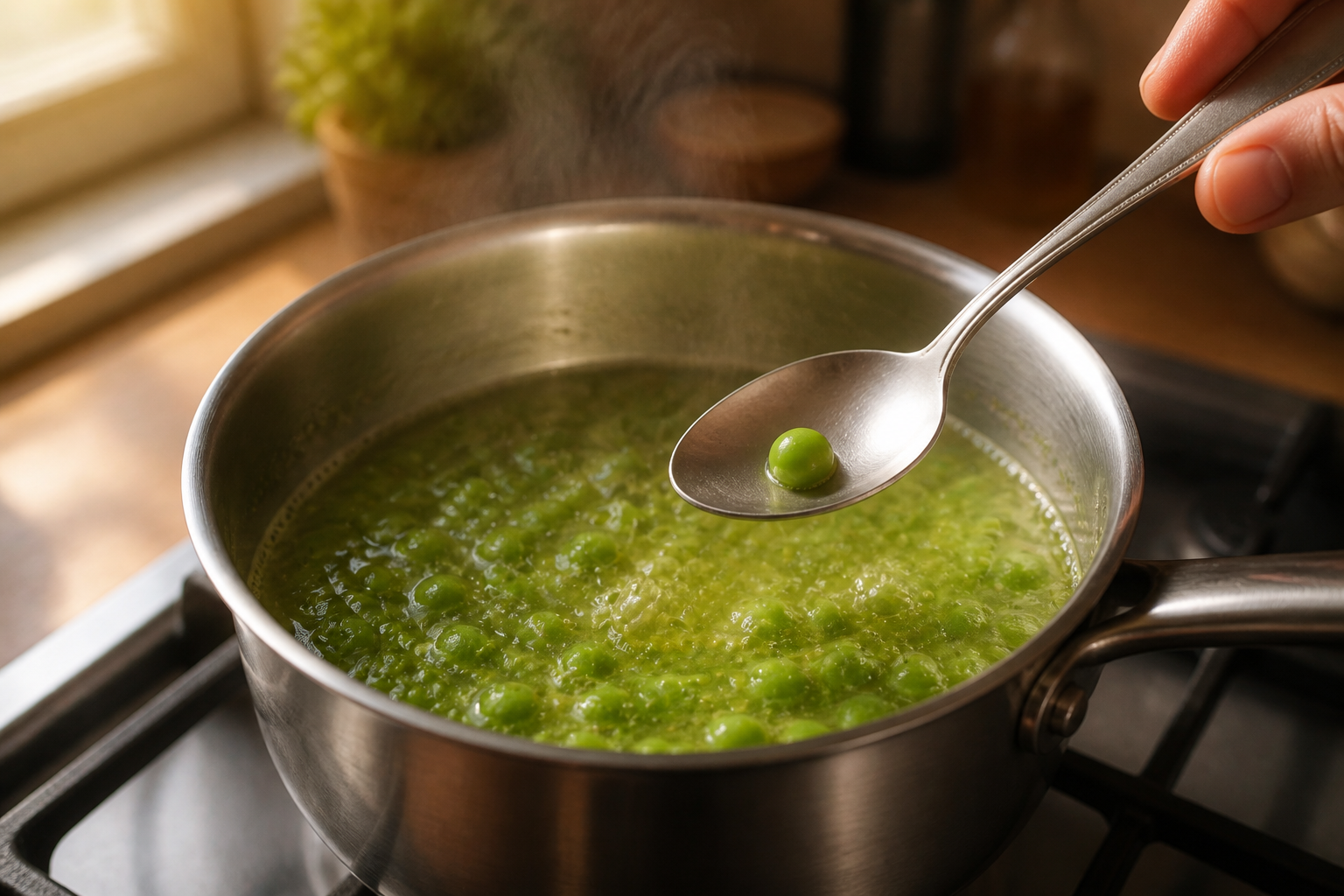 Cocer los guisantes para preparar Menestra de verduras en texturas: la auténtica receta de España