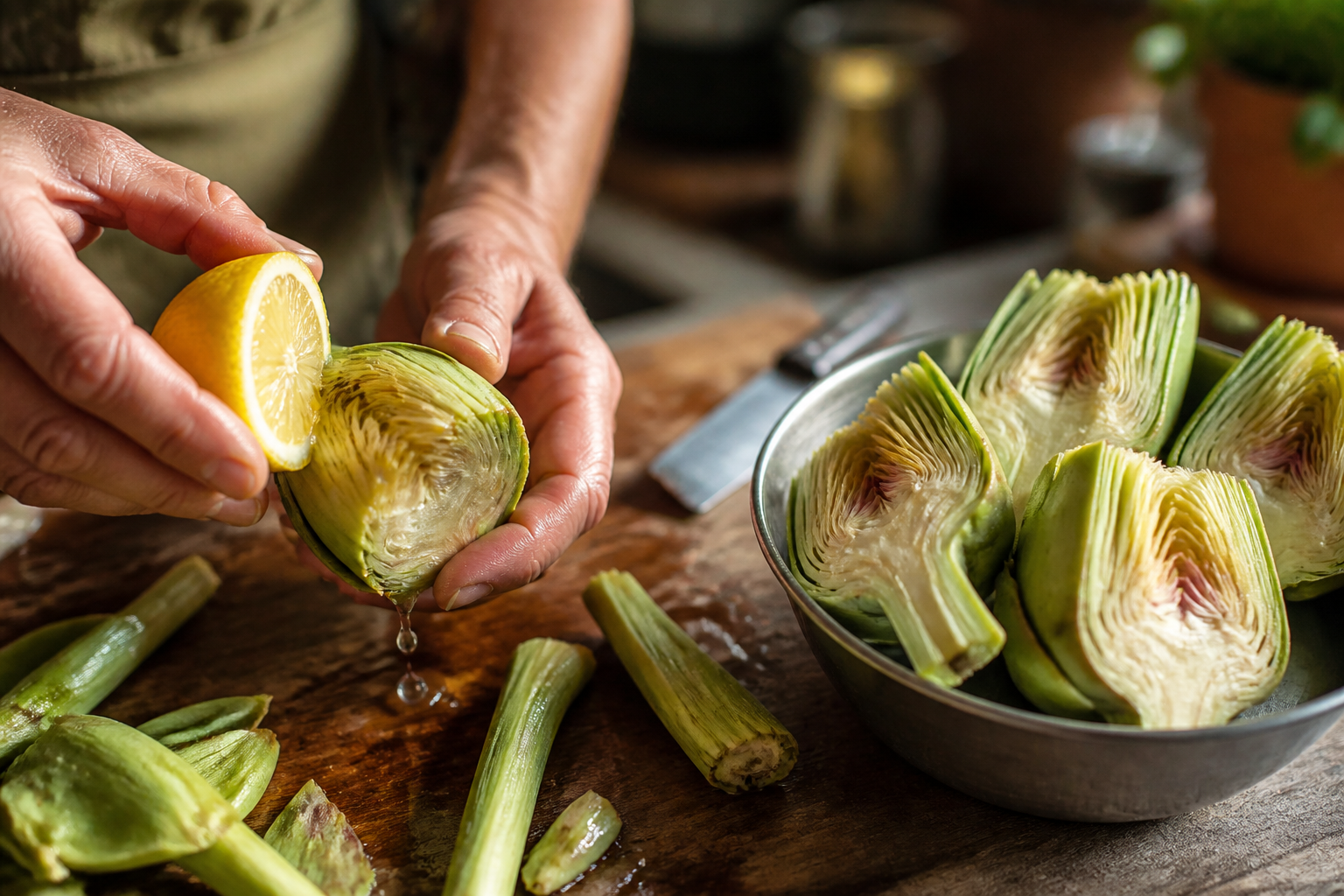 Limpiar las alcachofas para preparar Menestra de verduras en texturas: la auténtica receta de España