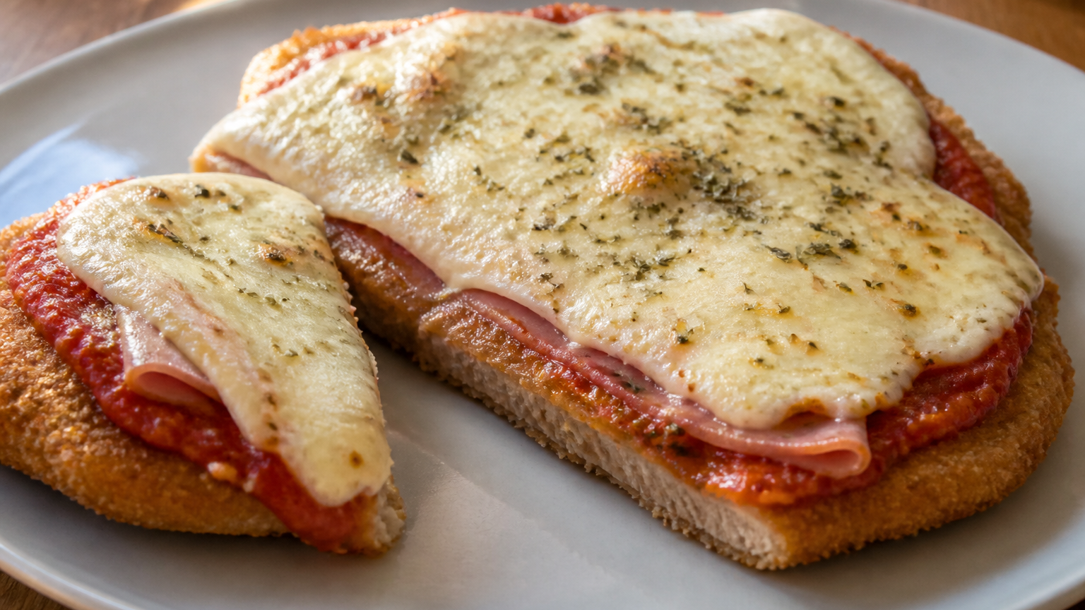 Milanesa napolitana argentina con rebozado dorado, salsa de tomate, jamón cocido y mozzarella fundida