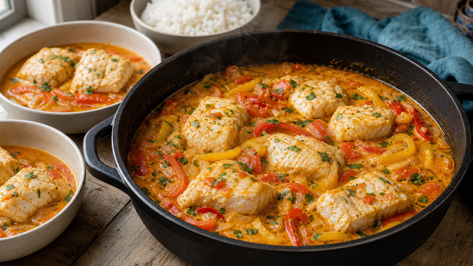 Moqueca brasileña de pescado blanco con leche de coco, pimientos, tomates, cilantro y aceite de dendê