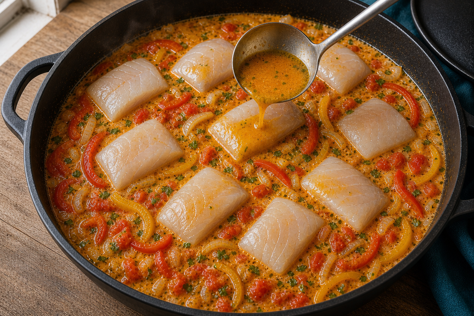 Incorporar el pescado para preparar Moqueca de pescado brasileña: receta bahiana paso a paso