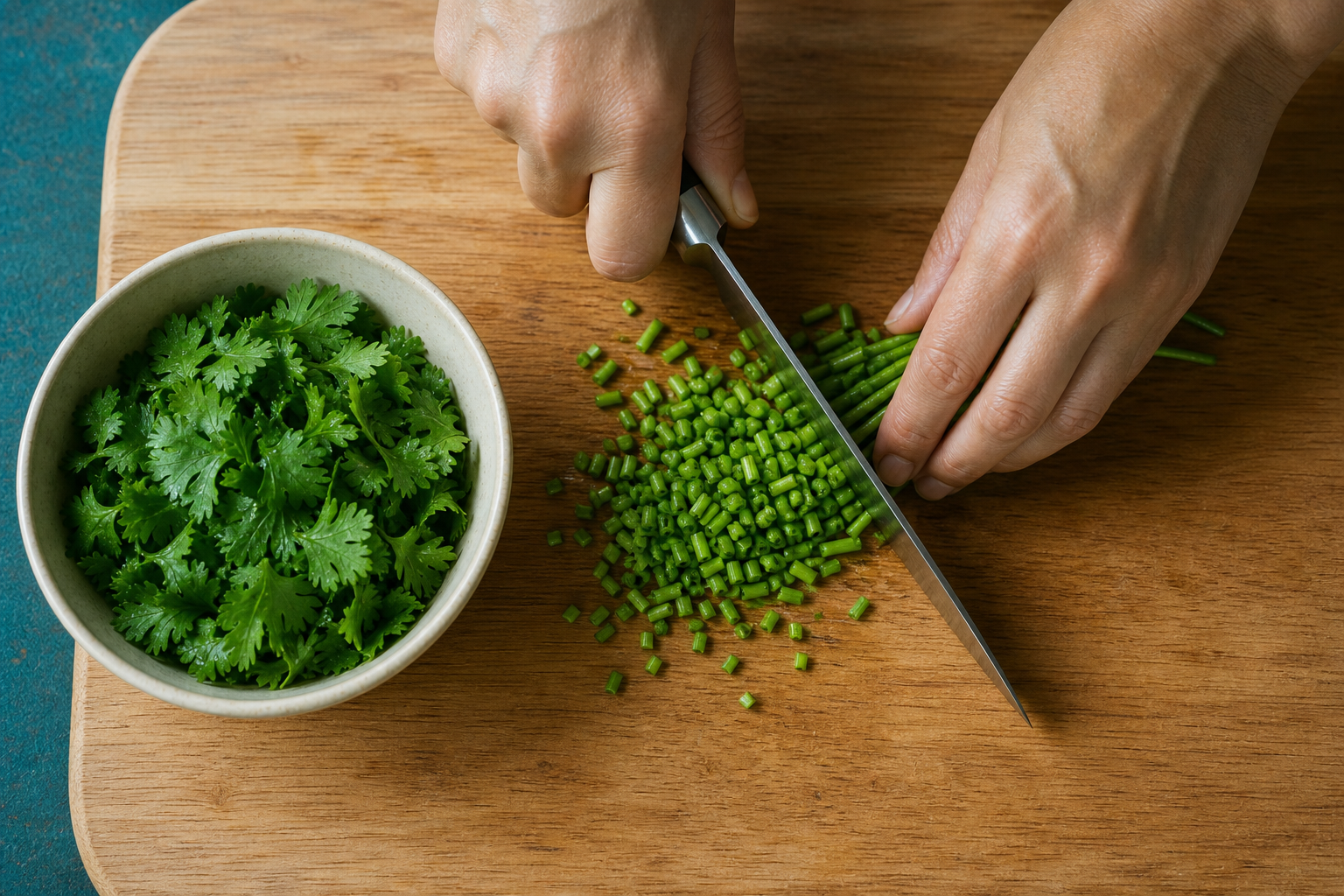 Preparar el cilantro para preparar Moqueca de pescado brasileña: receta bahiana paso a paso
