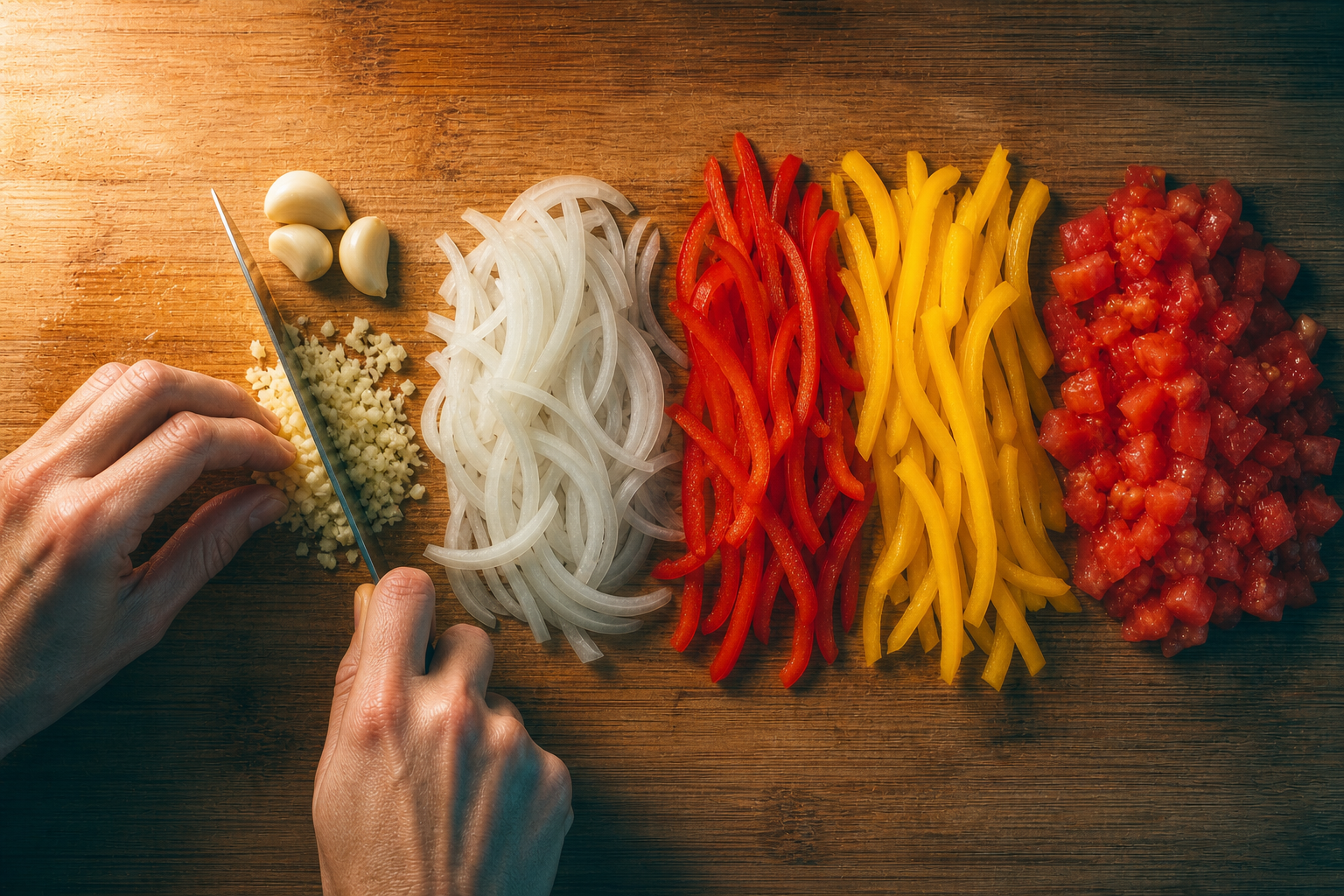 Cortar las verduras para preparar Moqueca de pescado brasileña: receta bahiana paso a paso