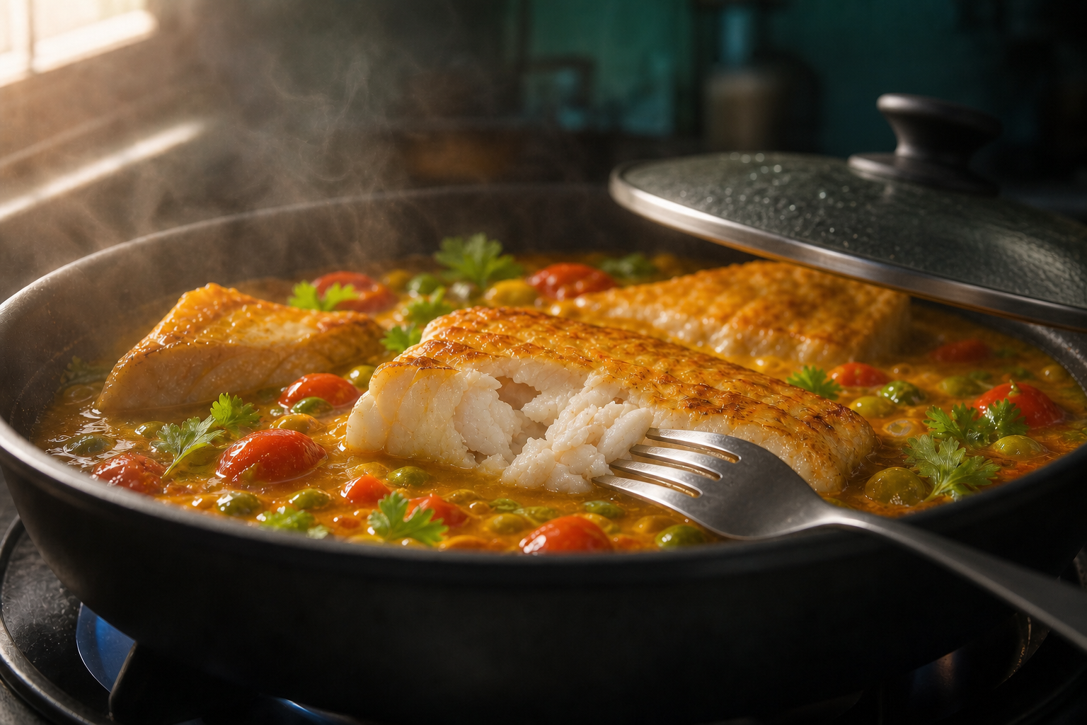 Comprobar la cocción para preparar Moqueca de pescado brasileña: receta bahiana paso a paso