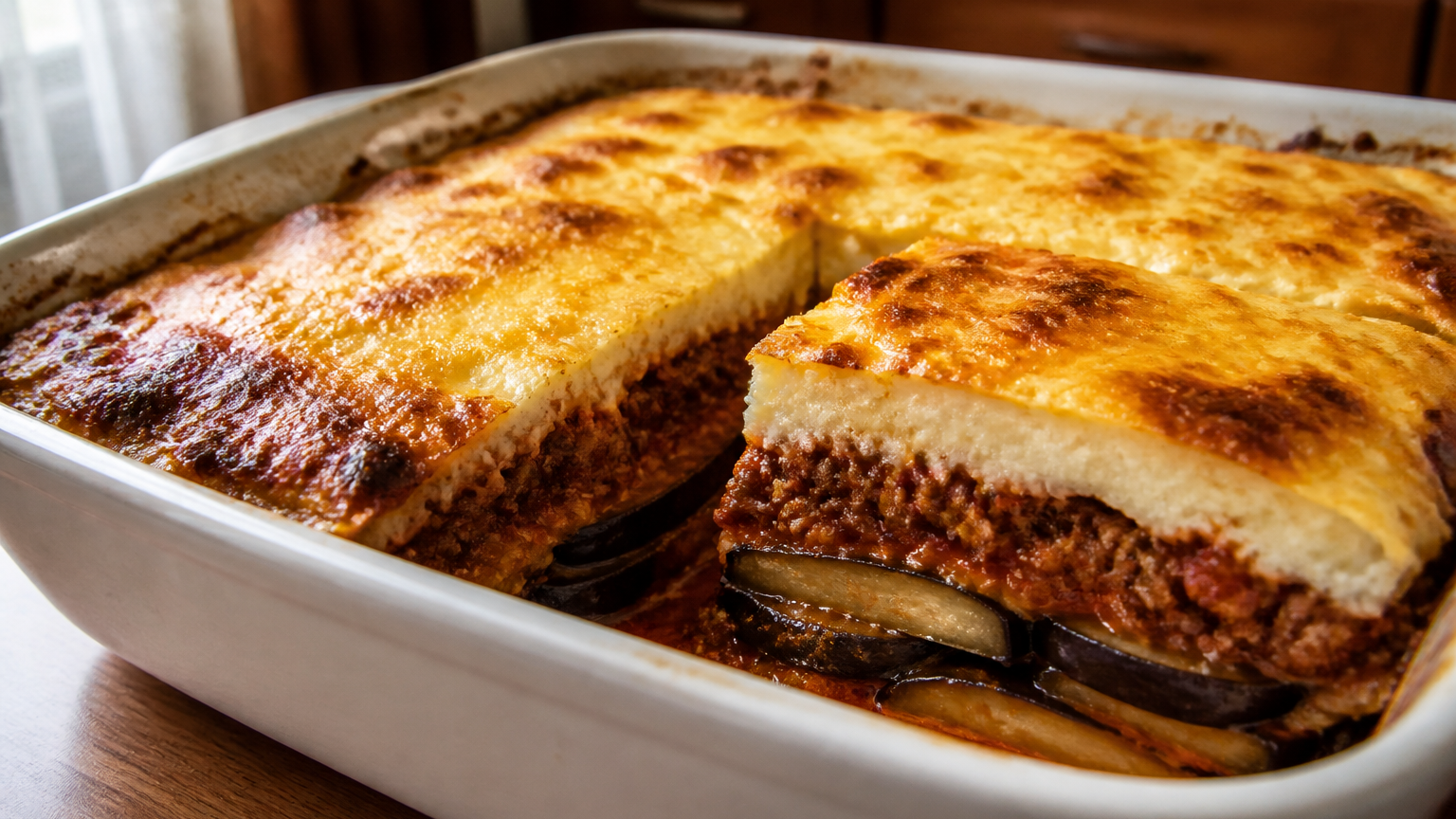 Moussaka griega casera en capas de berenjena, carne con tomate y bechamel dorada con queso