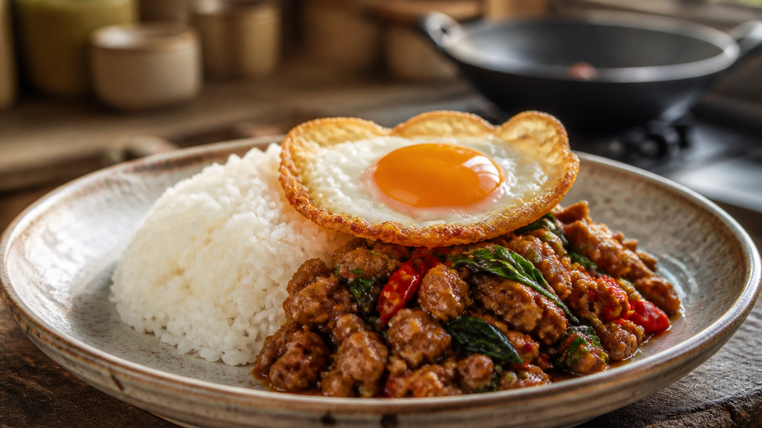 Pad Kra Pao tailandés de cerdo con arroz jazmín, albahaca santa, chiles y huevo frito de bordes crujientes