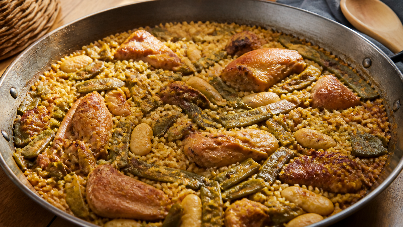 Paella valenciana tradicional con arroz bomba, pollo, conejo, judías verdes y garrofón en una paellera