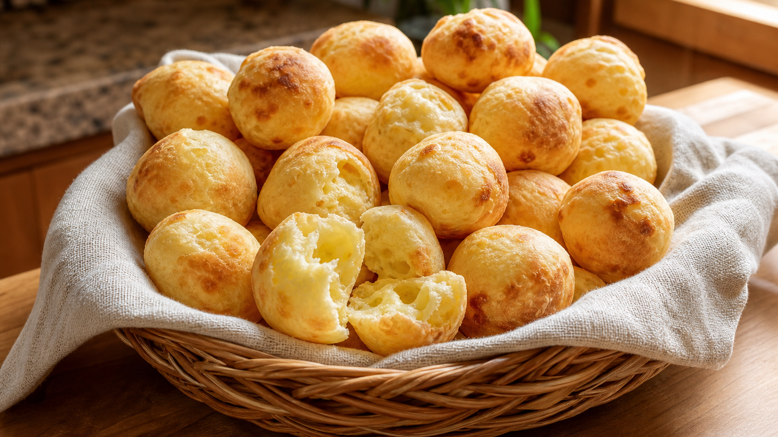 Pão de queijo brasileño dorado por fuera y suave por dentro, servido junto a una taza de café