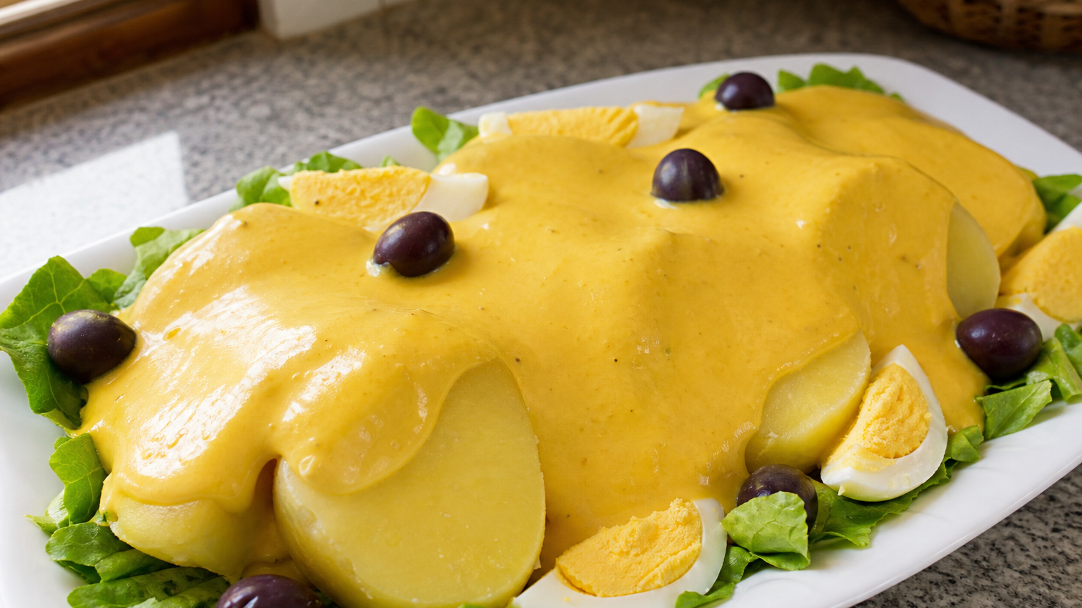 Papa a la huancaína peruana servida con salsa cremosa de ají amarillo, huevo cocido, aceitunas negras y lechuga
