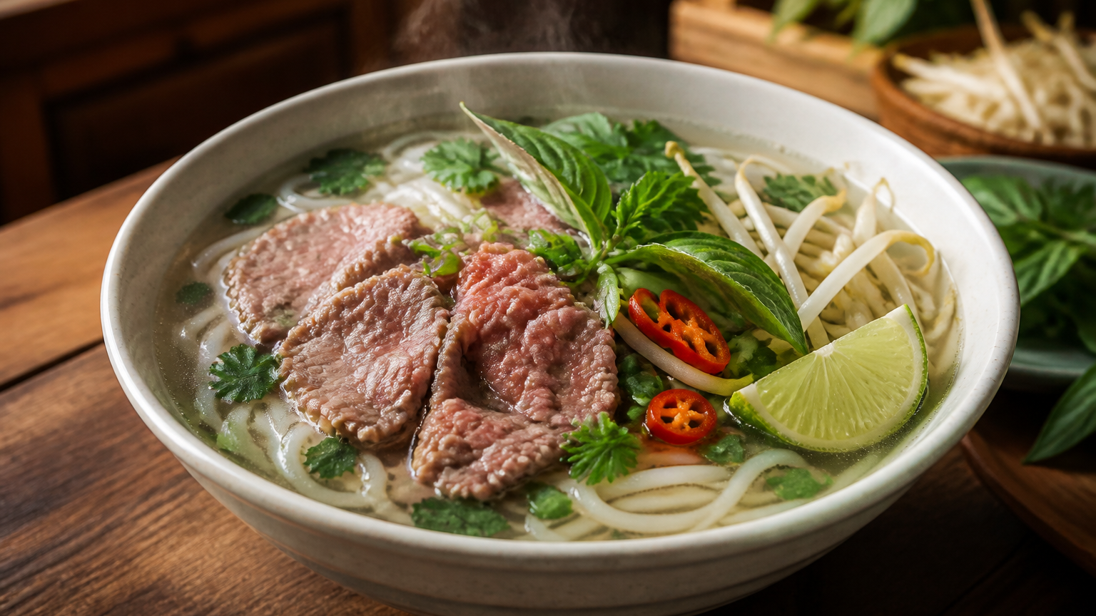 Pho de carne vietnamita servido con caldo claro, fideos de arroz, láminas de res, hierbas frescas, lima y chile