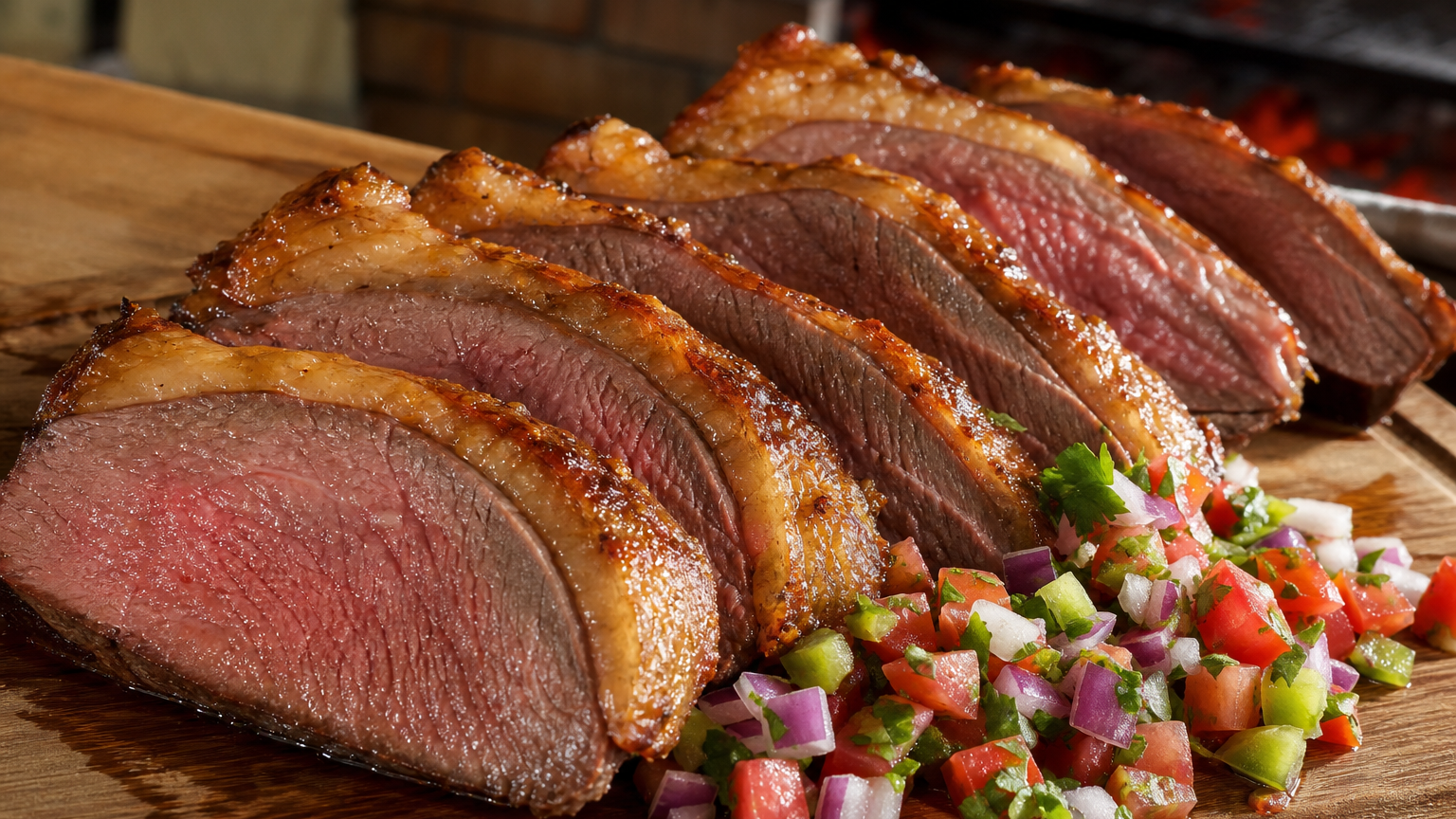 Picanha brasileña a la parrilla con costra dorada, capa de grasa crujiente y vinagrete fresco de tomate, cebolla, pimiento y perejil
