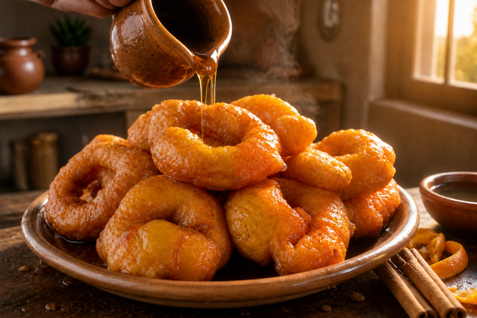 Servir con miel para preparar Picarones Peruanos: la auténtica receta de Perú