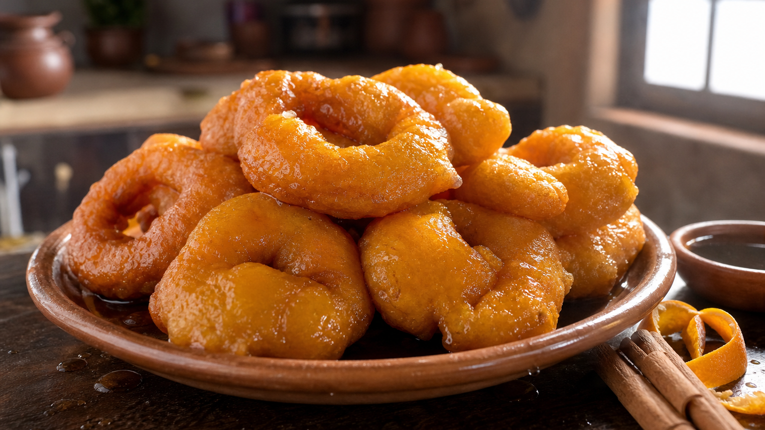 Picarones peruanos dorados de camote y zapallo bañados con miel tibia de chancaca