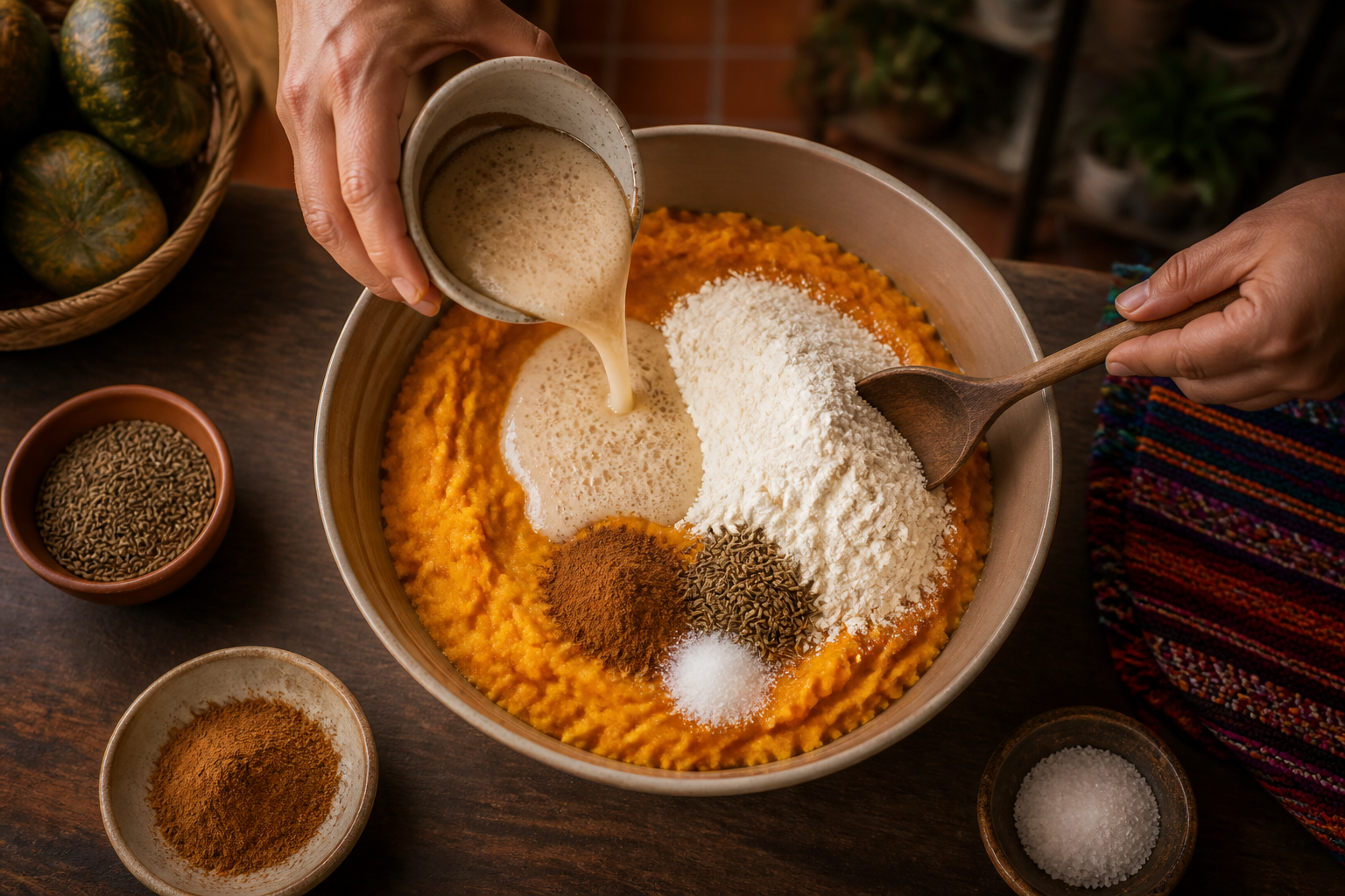 Mezclar la masa para preparar Picarones Peruanos: la auténtica receta de Perú