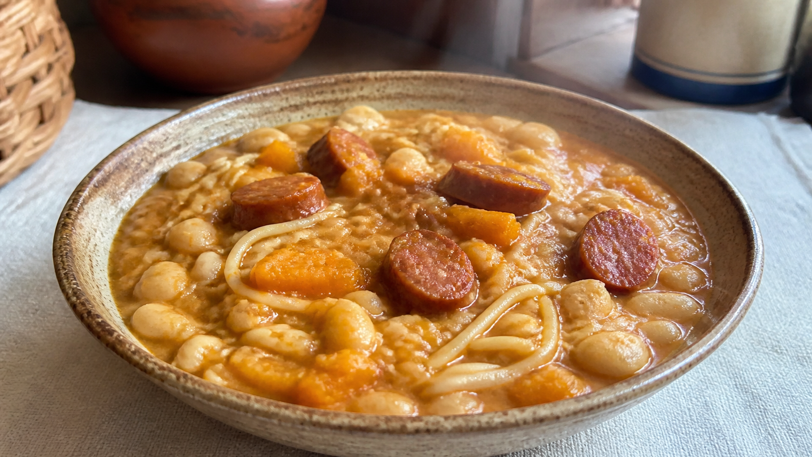 Plato humeante de porotos con riendas chilenos, con zapallo, tallarines y rodajas de longaniza
