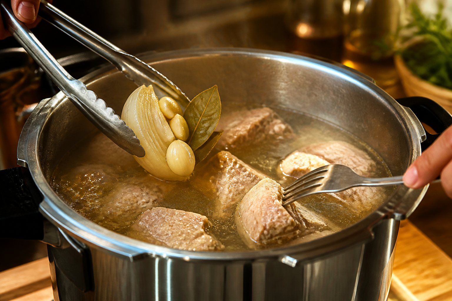 Revisar la carne cocida para preparar Pozole en Menos de una Hora - Receta Mexicana