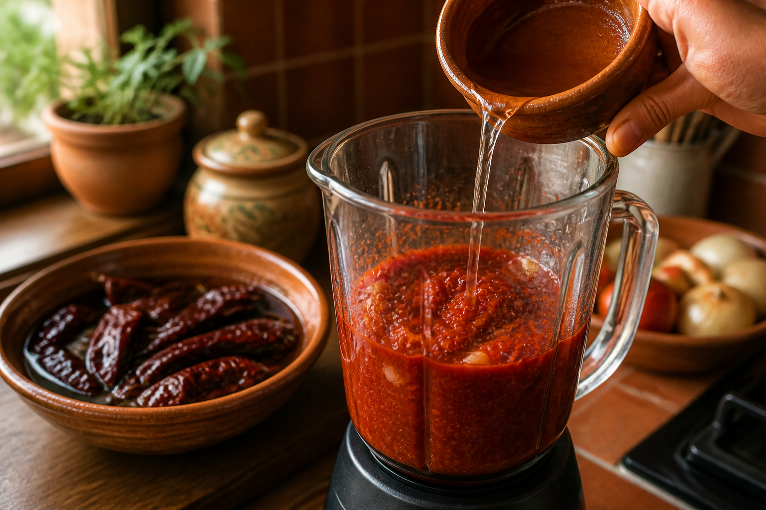 Suavizar y licuar chiles para preparar Pozole en Menos de una Hora - Receta Mexicana