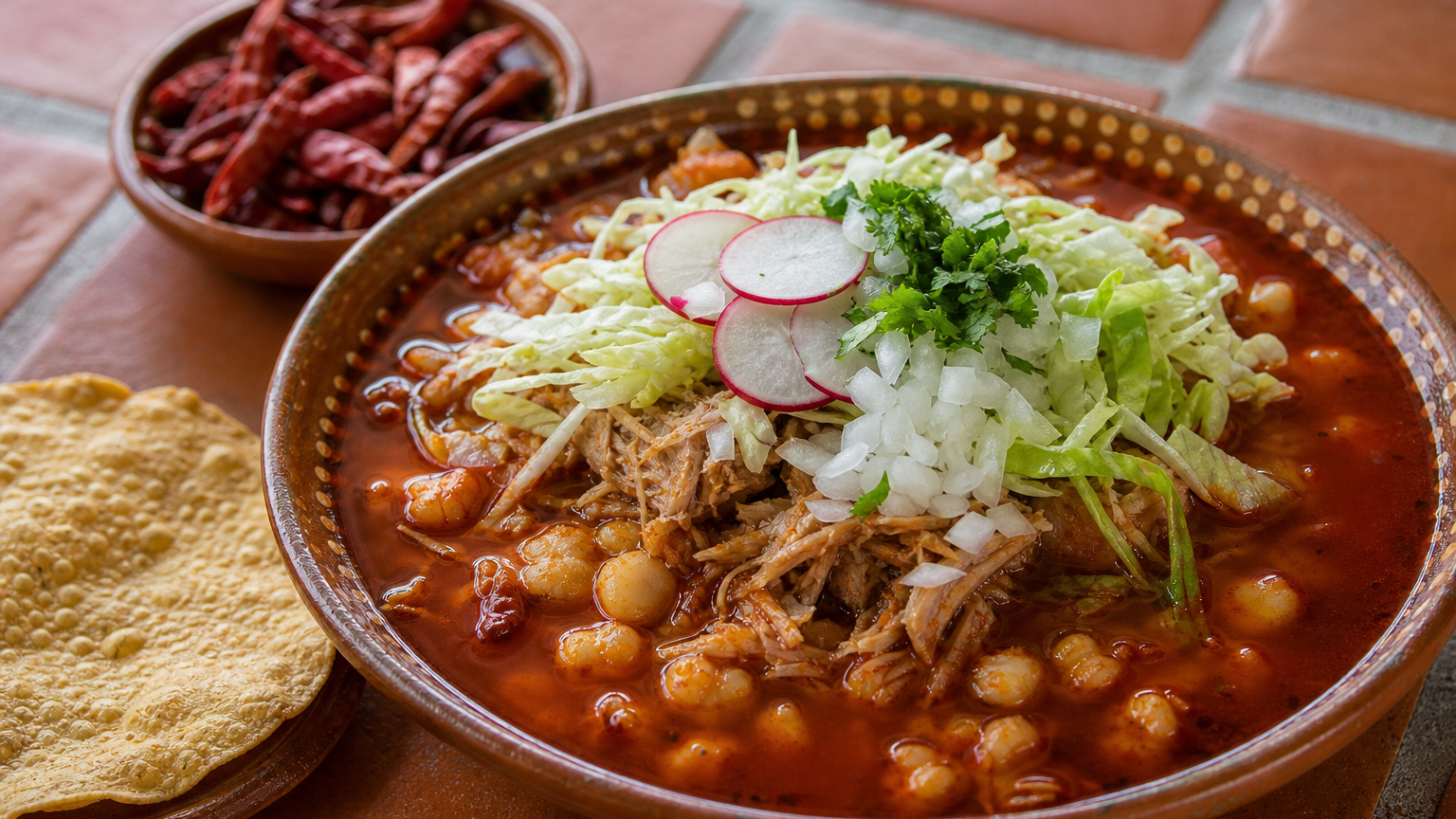 Tazón de pozole rojo mexicano con carne de cerdo, maíz pozolero, rábanos, cebolla, cilantro, limón y tostadas