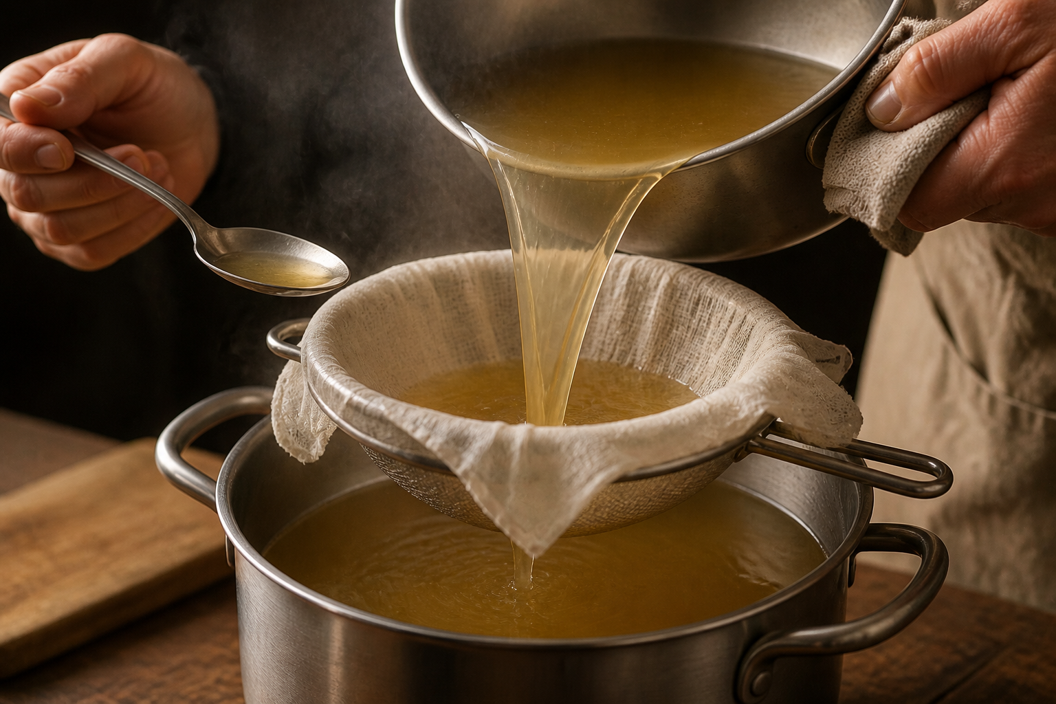 Filtrar el caldo para preparar Prepara Bouillon, un clásico de Francia