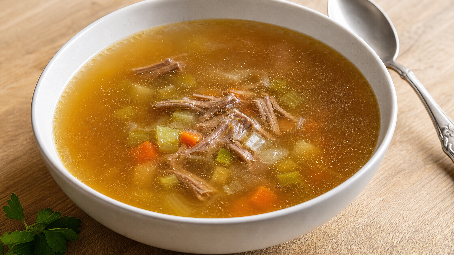 Tazón de bouillon francés claro y dorado, servido caliente